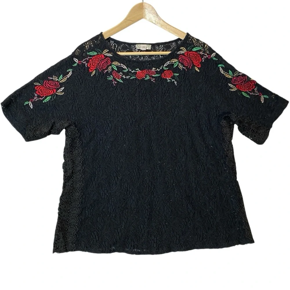 Lace Embroidered Rose Top Womens S Black Whimsigoth Sheer Oversized Elegant Goth - Picture 2 of 9